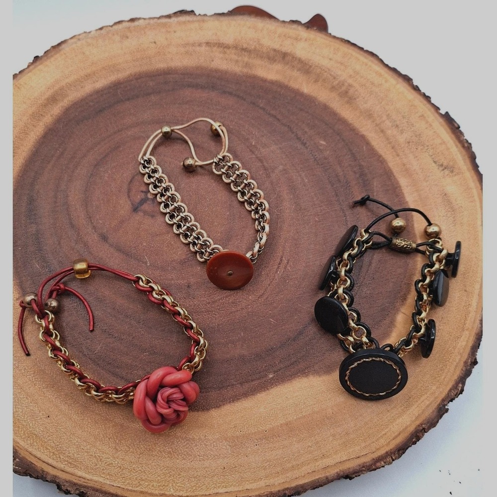 3 Handmade Button Rose Leather Chain Adjustable Boho Bracelets Mixed Media